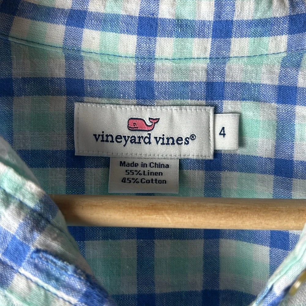VINEYARD VINES Women’s White Blue Plaid Popover Roll Tab Sleeve Shirt – Size 4 - Picture 3 of 4
